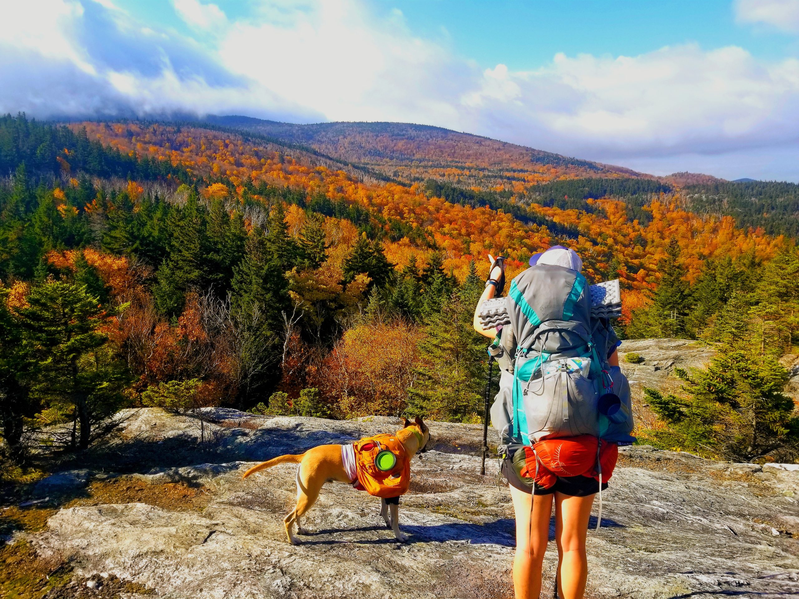 hiker and dog in Vermont in fall